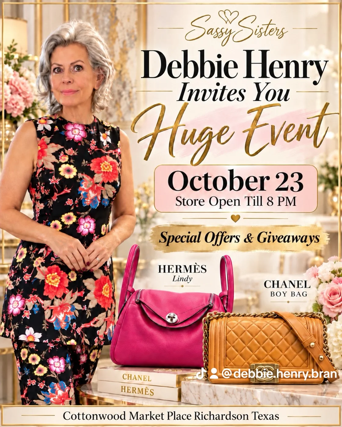 Sassy Sisters invitation from Debbie Henry for the October 23 event, open until 8 PM at Cottonwood Market Place in Richardson, Texas